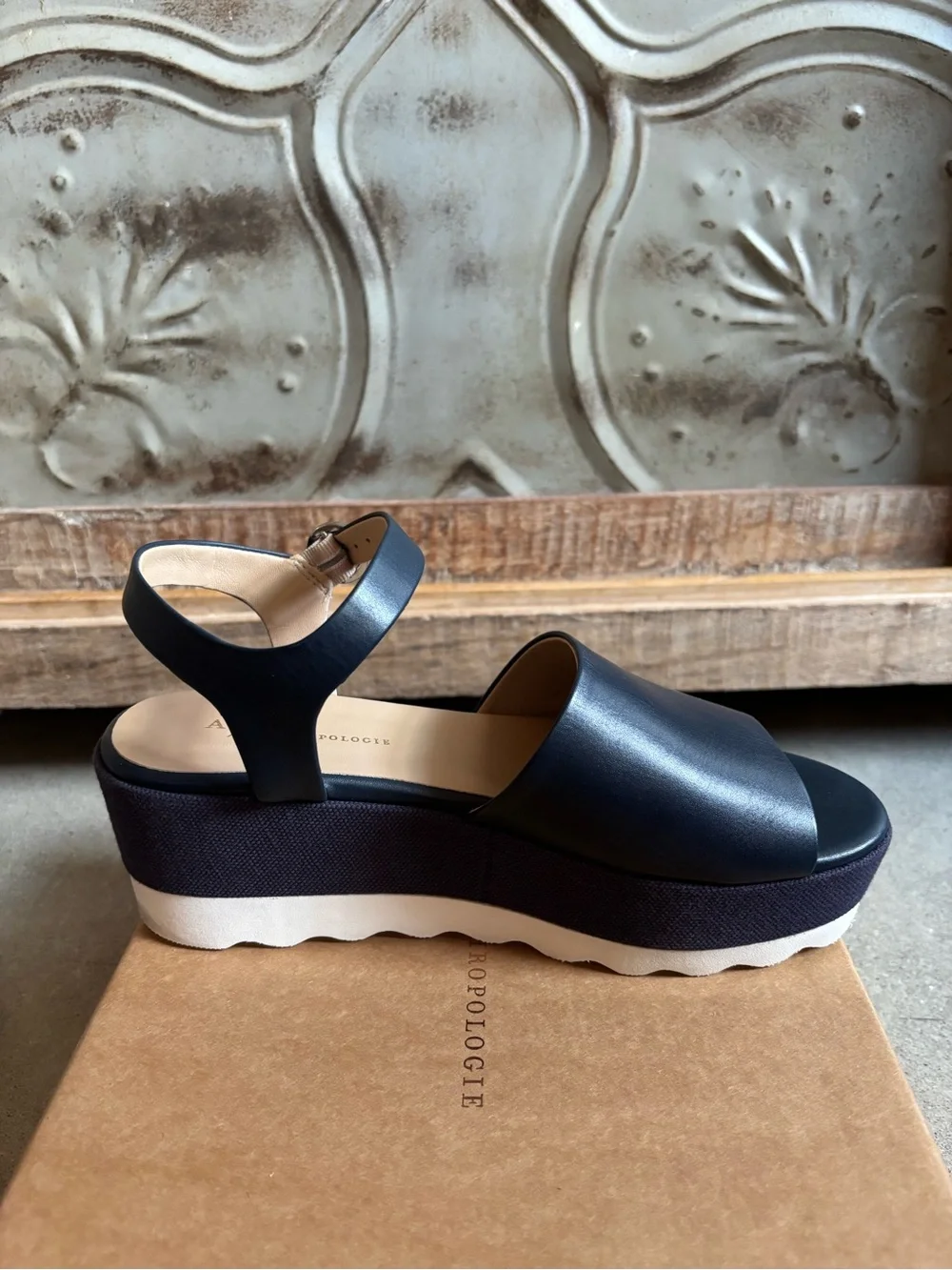 Navy Blue Platform Sandals, Sz. 8